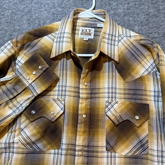 Ely Cattleman western shirt mens Medium brown tan metallic pearl snap button up - Picture 1 of 10
